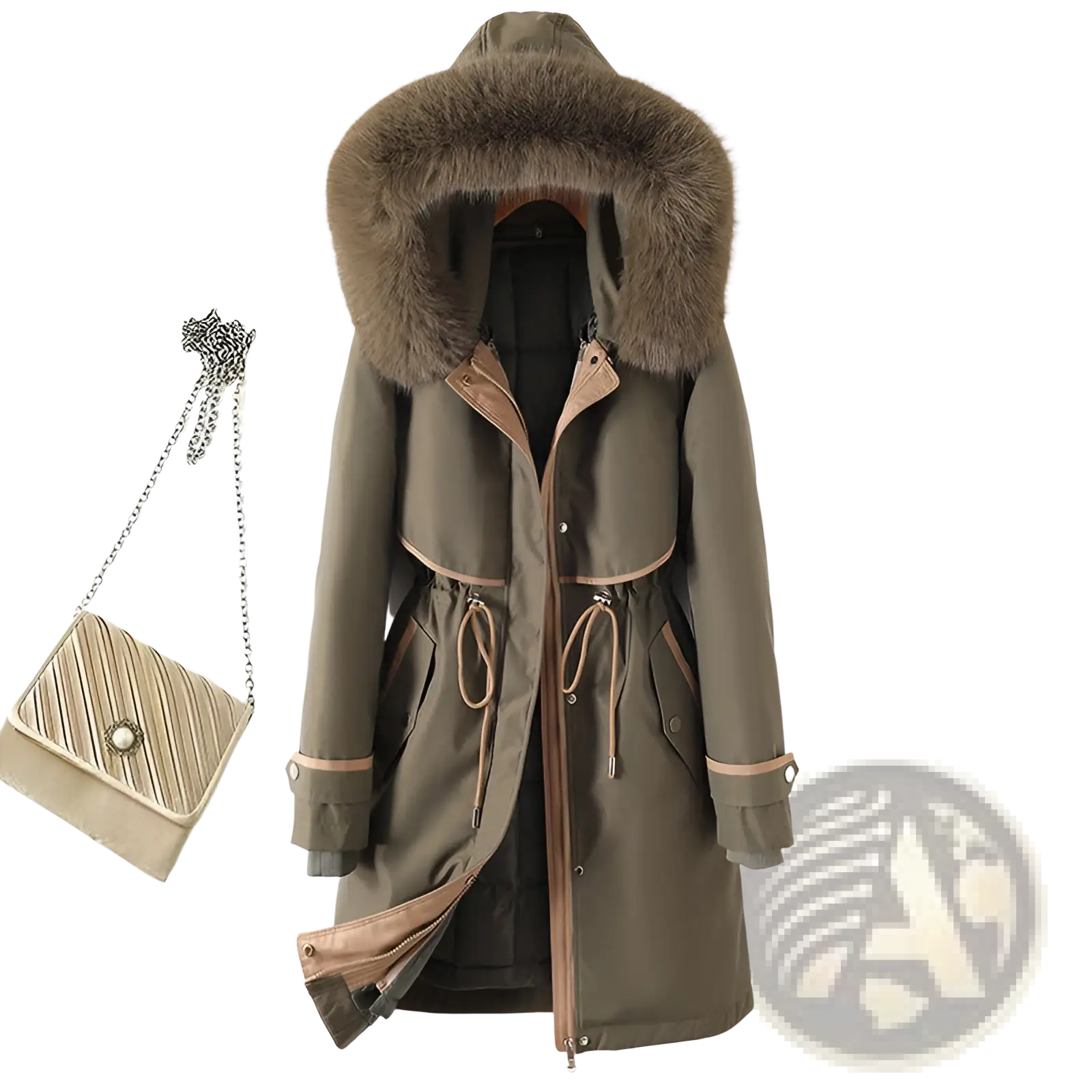 Olive green women winter padded coat with plush brown fur-lined hood and tan trim accents for cold weather