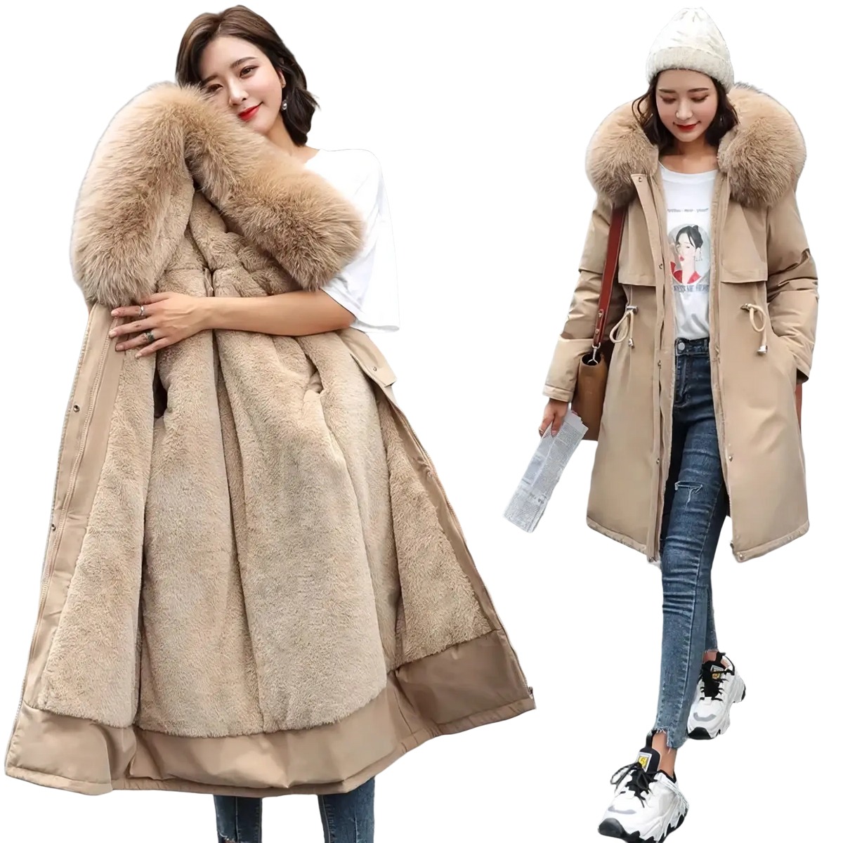 Women winter fur hooded parka coat in beige with faux fur lining and plush textured interior for cold weather