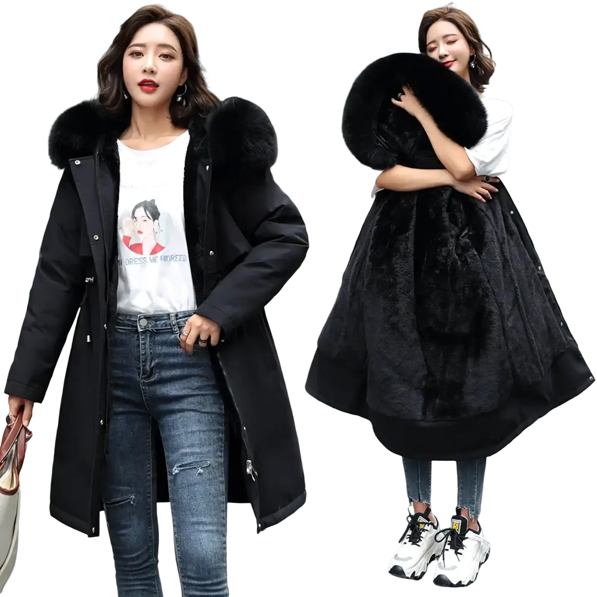Women winter fur hooded parka coat in black with plush fur-lined hood and sleek straight-cut silhouette