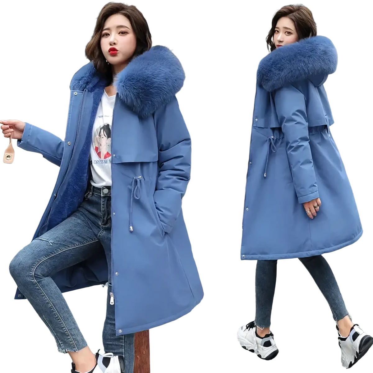 Women winter fur hooded parka coat in blue with plush fur-lined hood and front zipper closure for cold weather