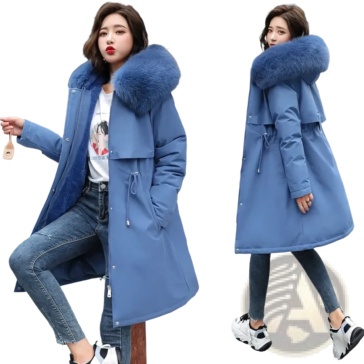 Women winter fur hooded parka coat in blue with plush fur-lined hood and front zipper closure for cold weather