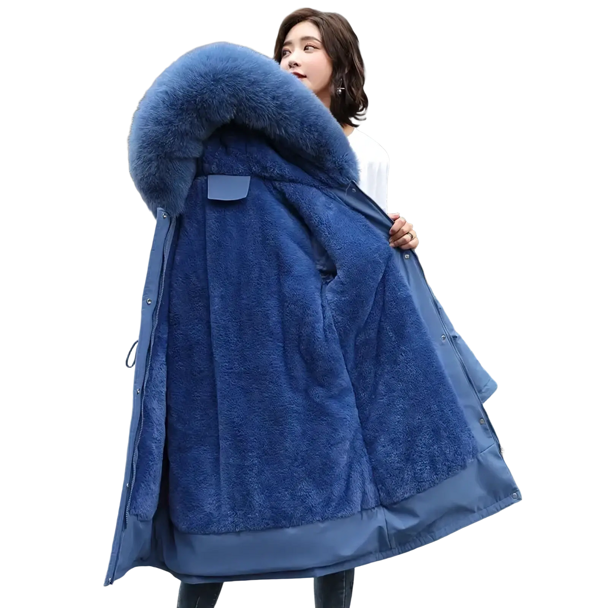 Women winter fur hooded parka coat in deep blue with plush fur-lined hood and soft fleece interior for cold weather