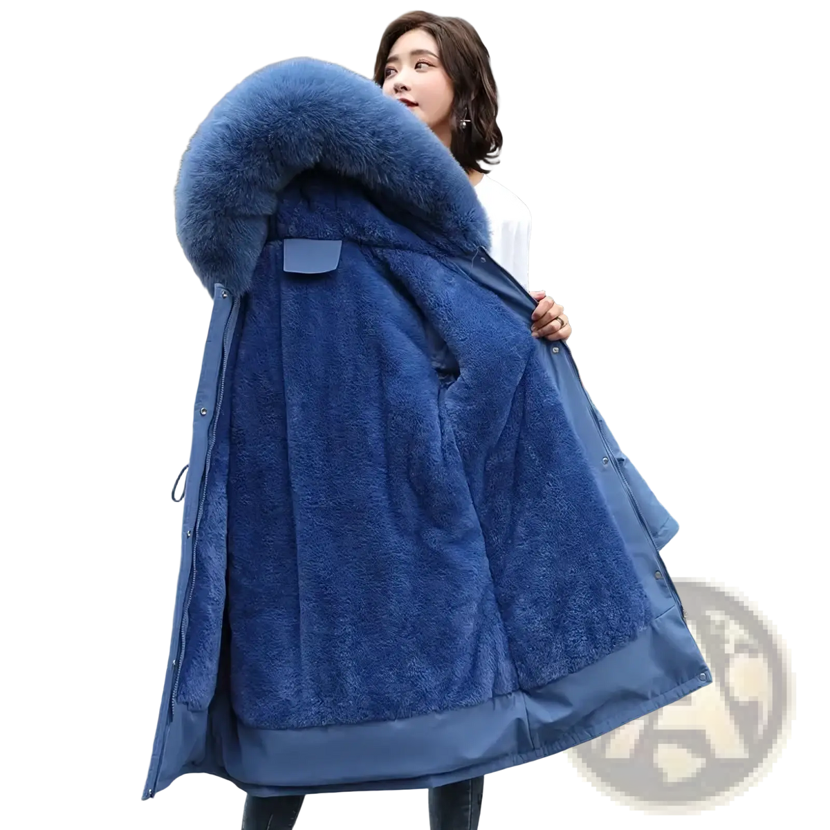 Women winter fur hooded parka coat in deep blue with plush fur-lined hood and soft fleece interior for cold weather
