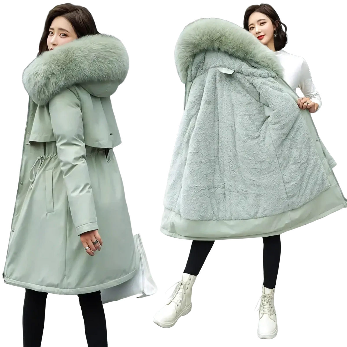 Women winter fur hooded parka coat in light green with plush fur-lined hood and quilted interior lining for warmth