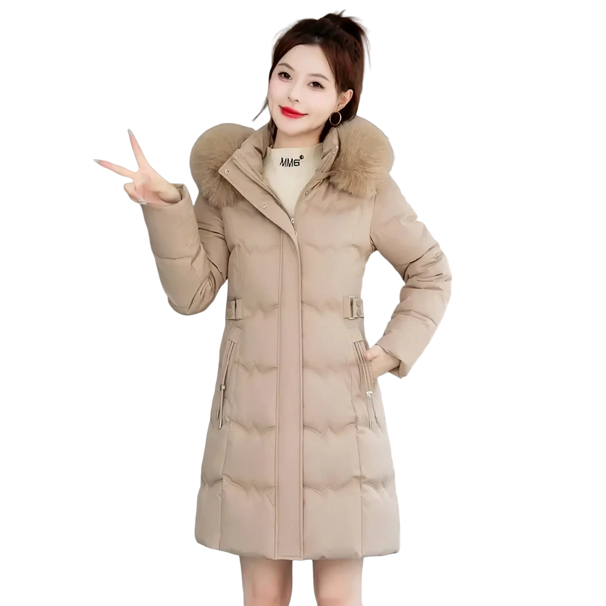 Beige quilted women winter hooded parka with cotton padding and plush fur-lined hood for cold weather