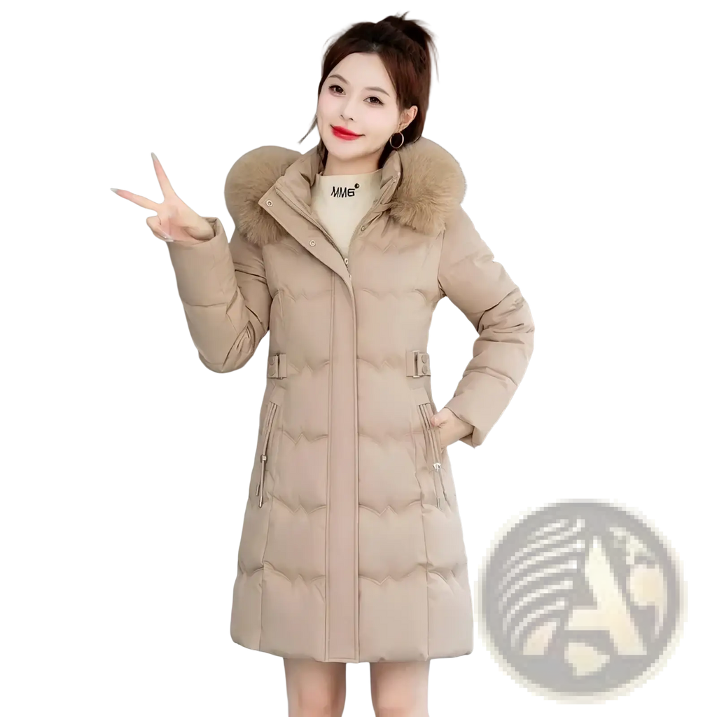Beige quilted women winter hooded parka with cotton padding and plush fur-lined hood for cold weather