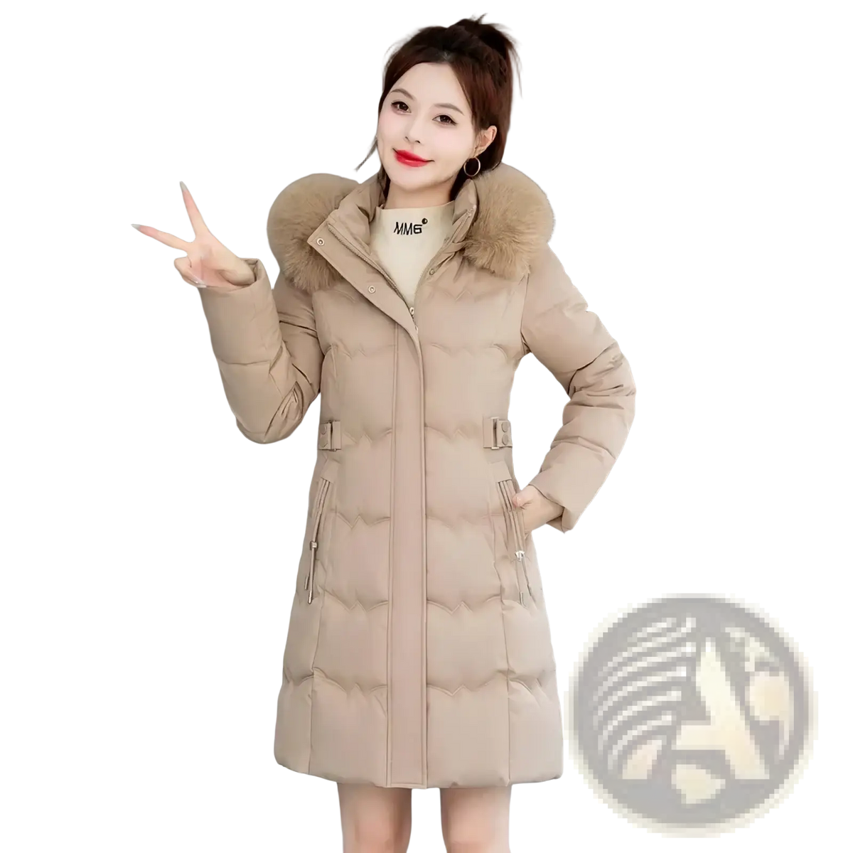 Beige quilted women winter hooded parka with cotton padding and plush fur-lined hood for cold weather