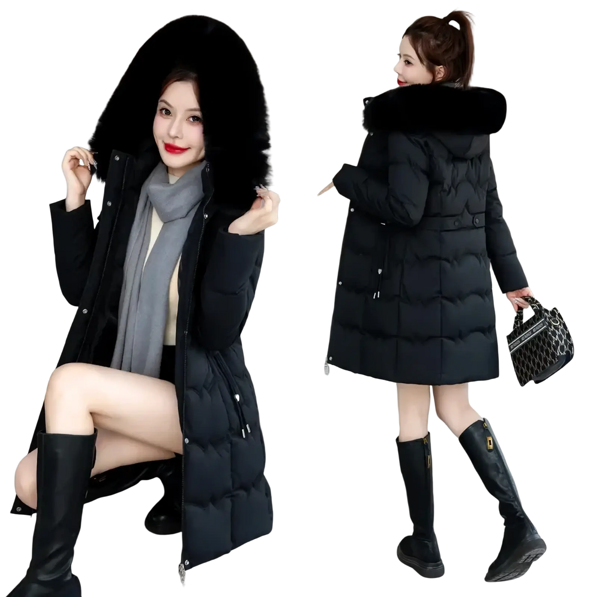 Black women winter hooded parka cotton padded coat with quilted design and plush fur-lined hood for cold weather