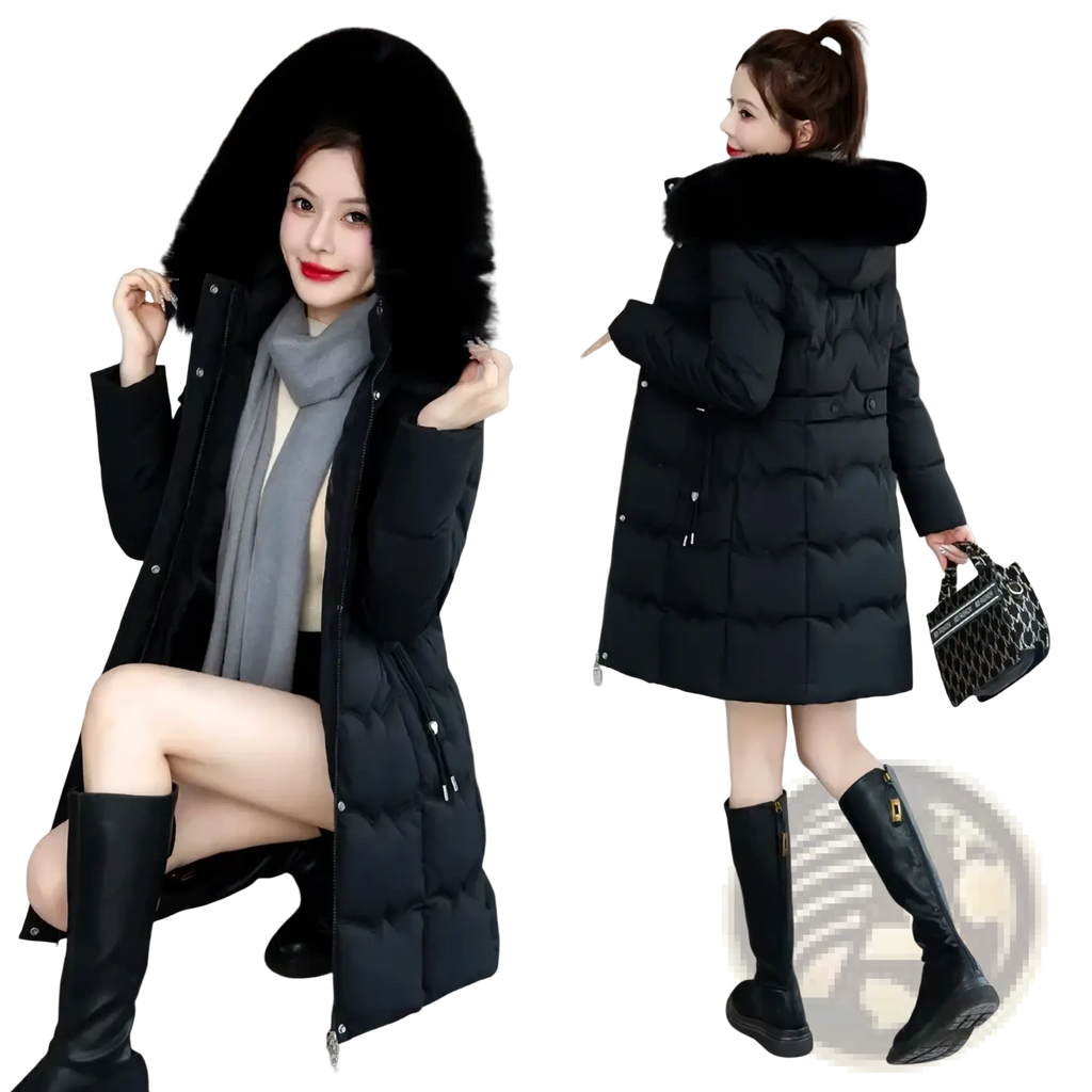 Black women winter hooded parka cotton padded coat with quilted design and plush fur-lined hood for cold weather