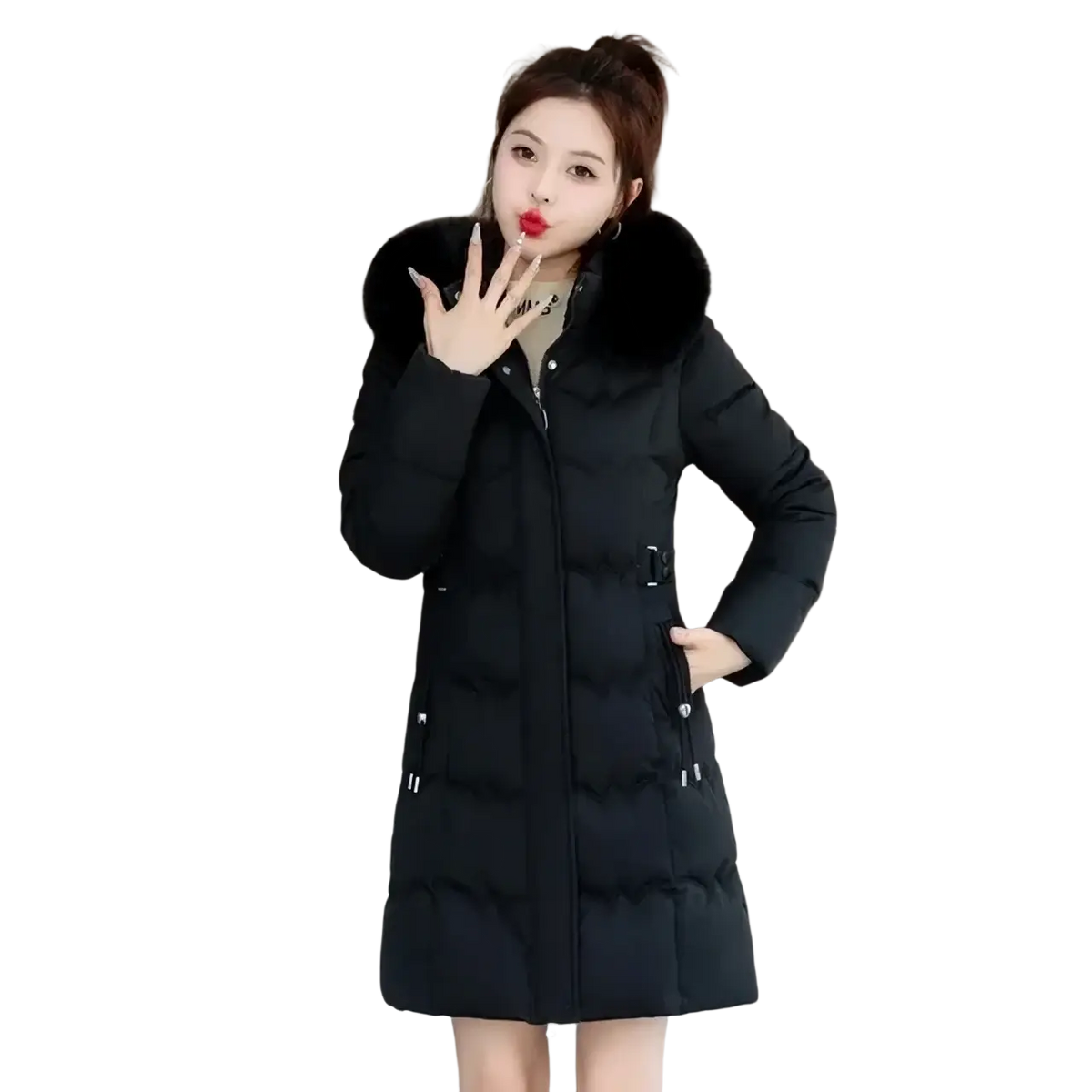 Black quilted women winter hooded parka with cotton padding and plush fur-lined hood for cold weather use