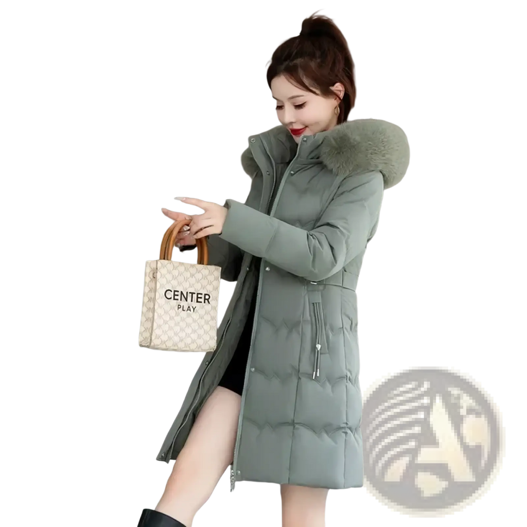 Women winter hooded parka cotton padded coat in olive green with quilted design and plush fur-lined hood