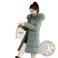 Women winter hooded parka cotton padded coat in olive green with quilted design and plush fur-lined hood