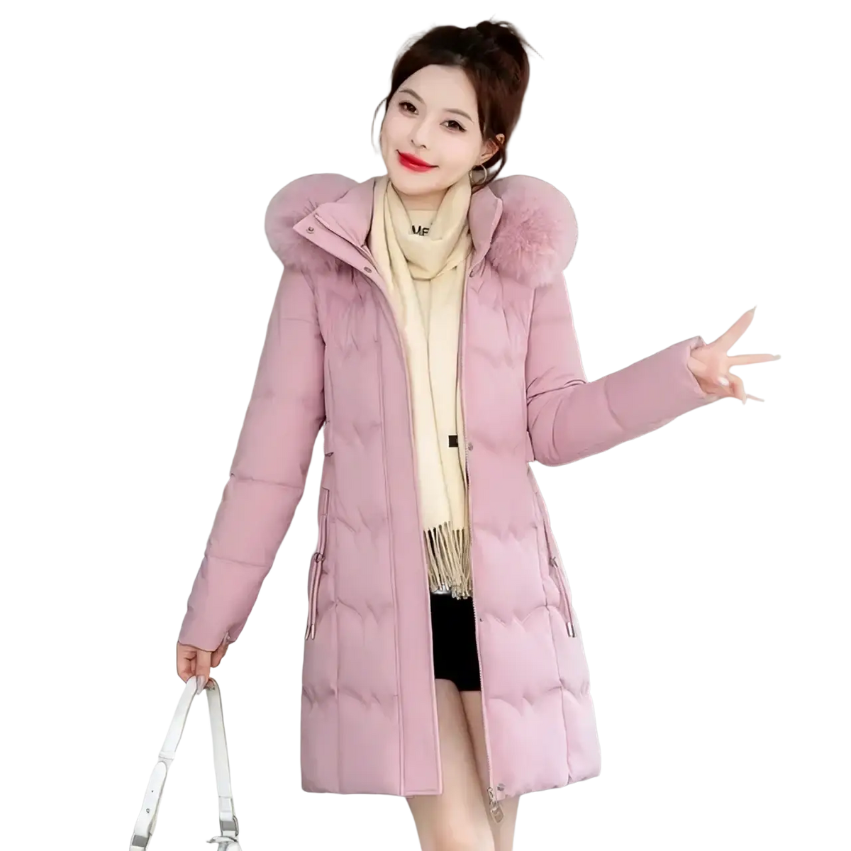 Pink quilted women winter hooded parka cotton padded coat with a fluffy fur-lined hood for cold weather use