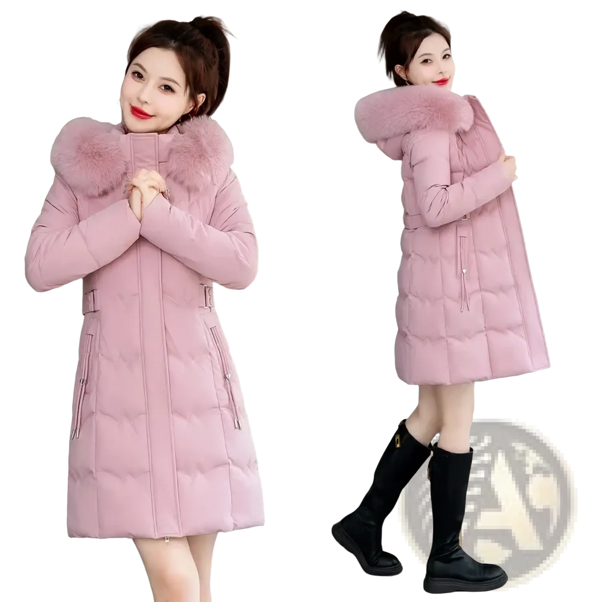 A soft pink women winter hooded parka cotton padded coat with quilted design and plush fur-lined hood