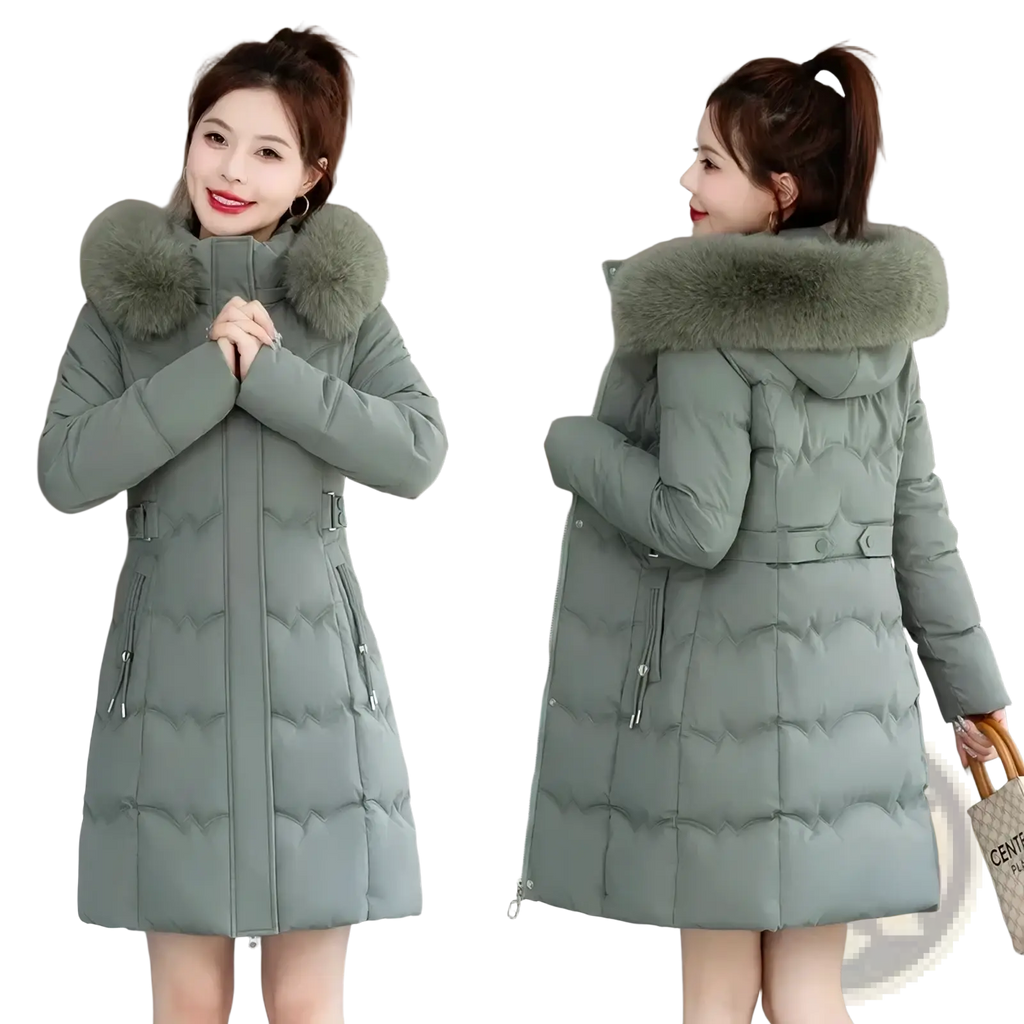 A stylish olive green quilted women winter hooded parka with cotton padding and a plush light gray faux fur hood