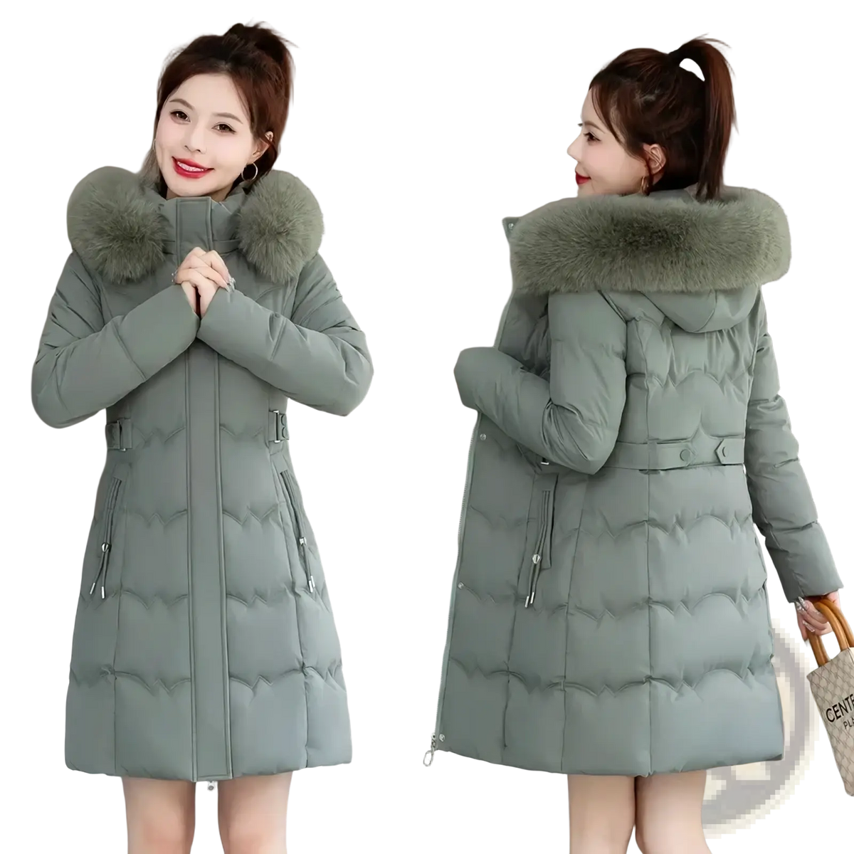A stylish olive green quilted women winter hooded parka with cotton padding and a plush light gray faux fur hood