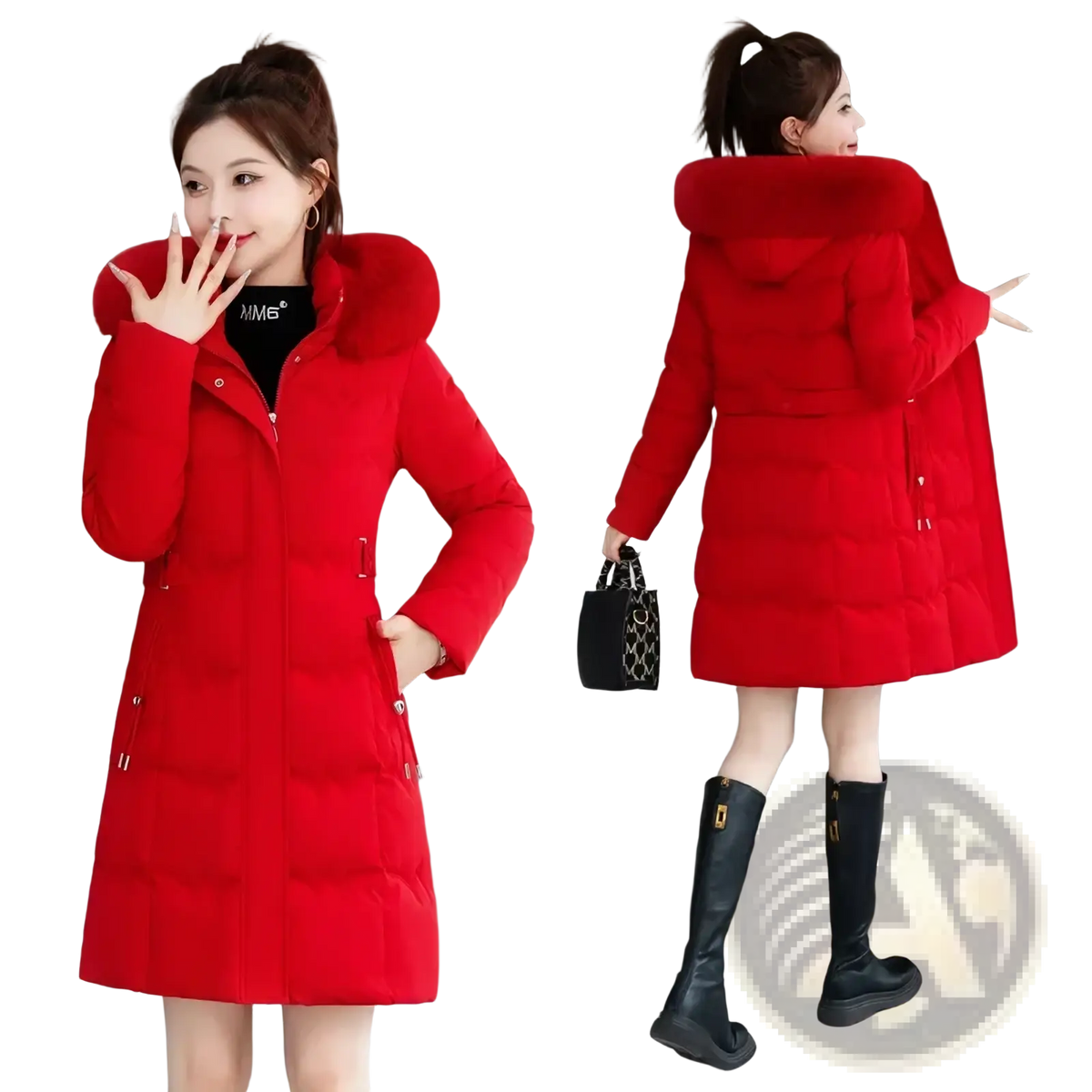 Vibrant red women winter hooded parka with cotton padded quilted design and plush fur-lined hood for cold weather