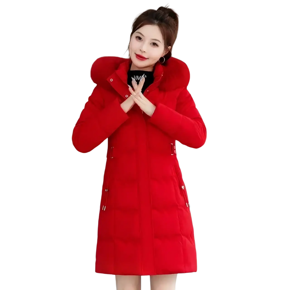 Women winter hooded parka cotton padded coat in vibrant red with quilted design plush fur-lined hood and gold-tone zippers