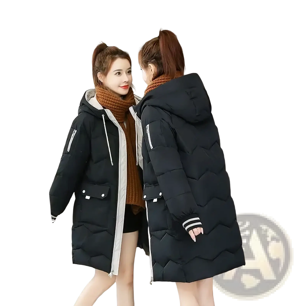 Black quilted women winter hooded puffer jacket with white zipper trim and two front pockets for cold weather