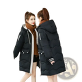 Black quilted women winter hooded puffer jacket with white zipper trim and two front pockets for cold weather