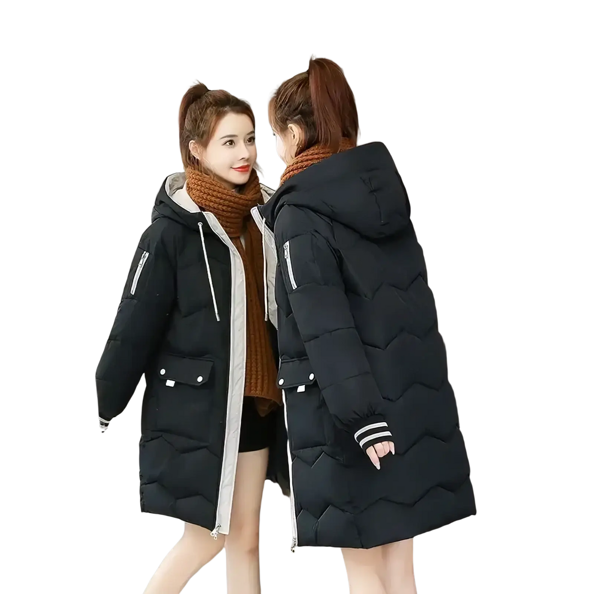 Black quilted women winter hooded puffer jacket with white zipper trim and two front pockets for cold weather