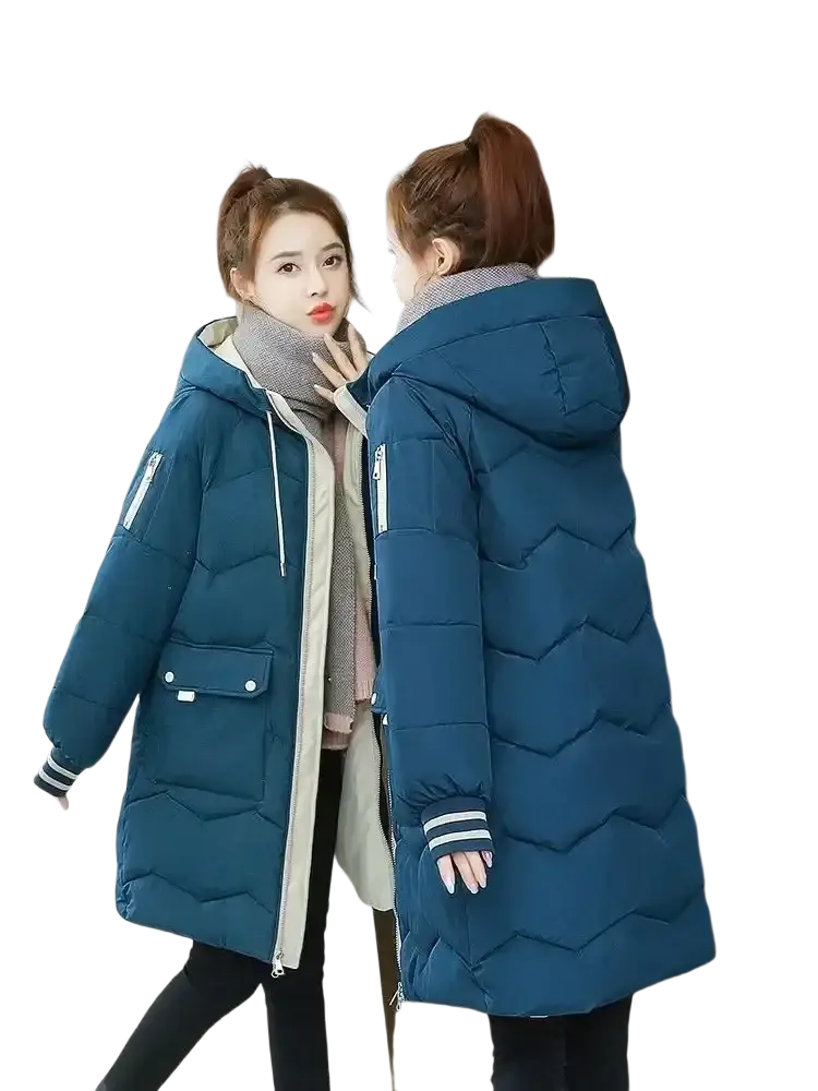 Women winter hooded puffer jacket in blue quilted fabric with white zipper trim and front pockets for cold weather