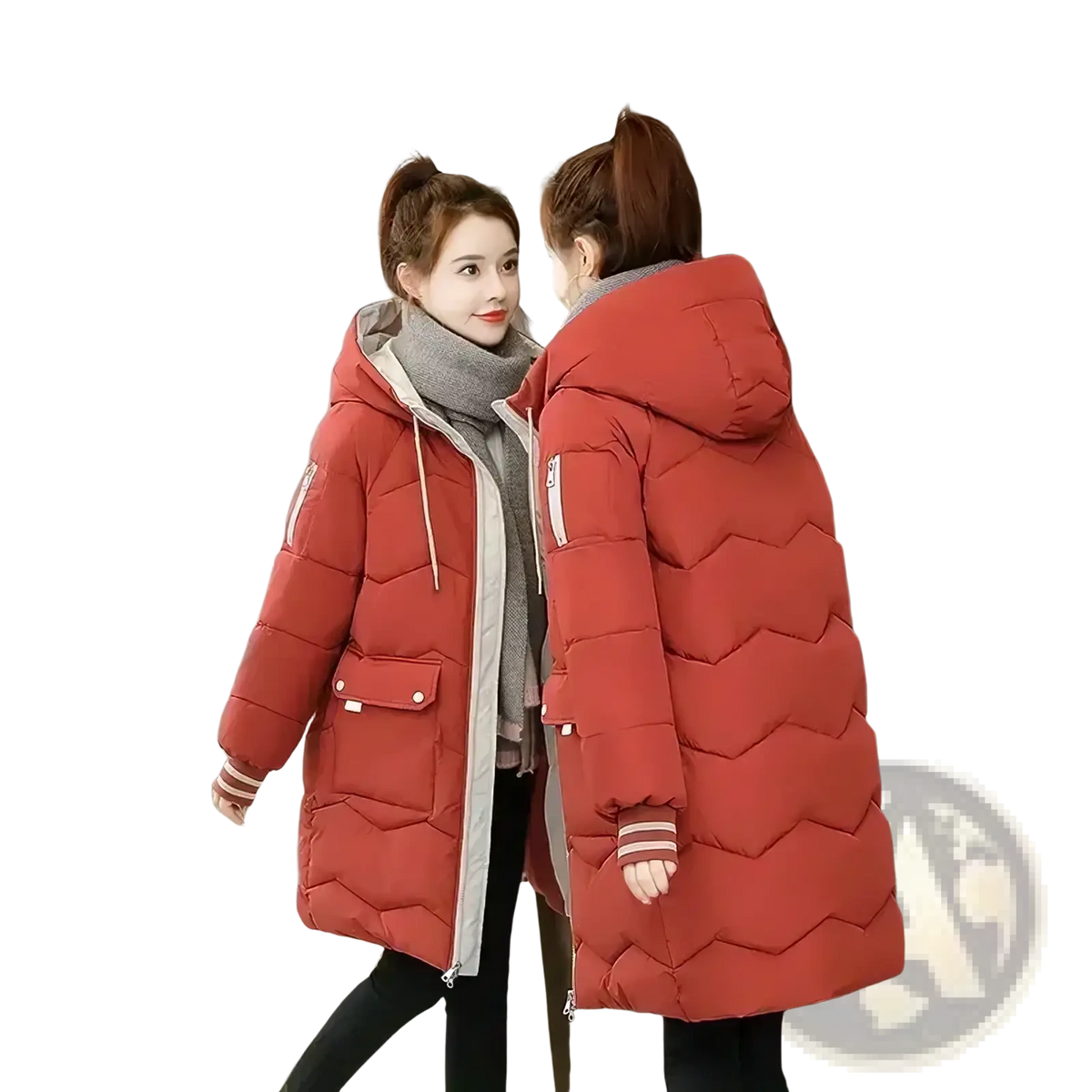 Women winter hooded puffer jacket in cozy rust red quilted fabric with white zipper accents and a hood