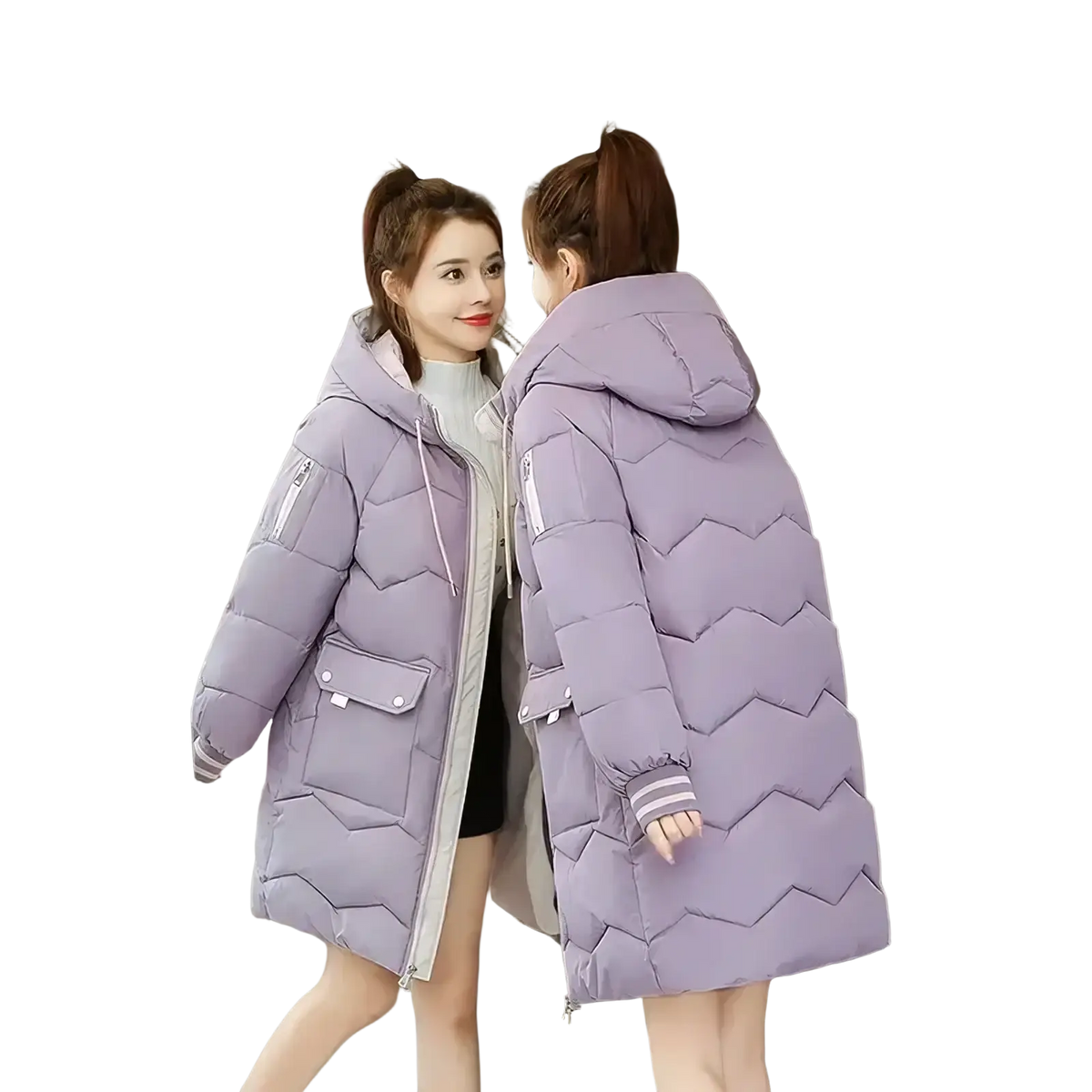 Women winter hooded puffer jacket in lavender quilted design with front zipper and side pockets for cold weather