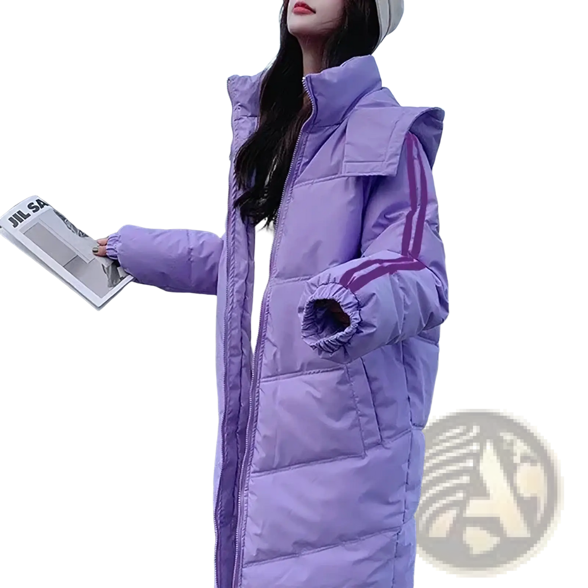 Women winter hooded puffer jacket in lavender with a high collar and purple striped accents on the sleeves