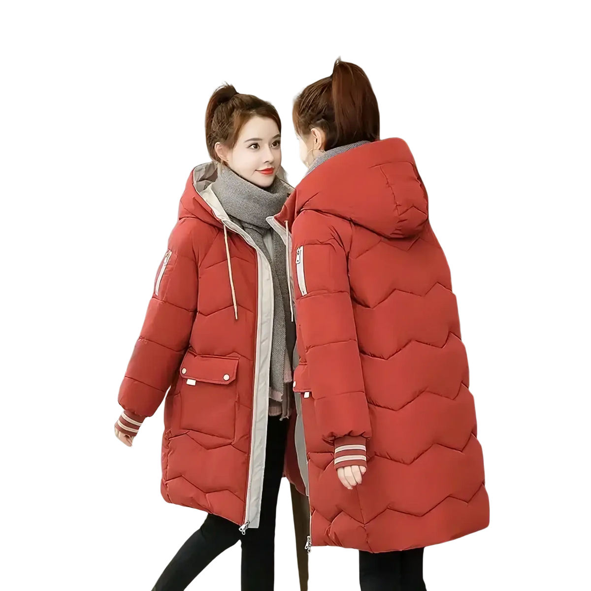 Women winter hooded puffer jacket in red with gray quilted lining and striped cuffs for cold weather