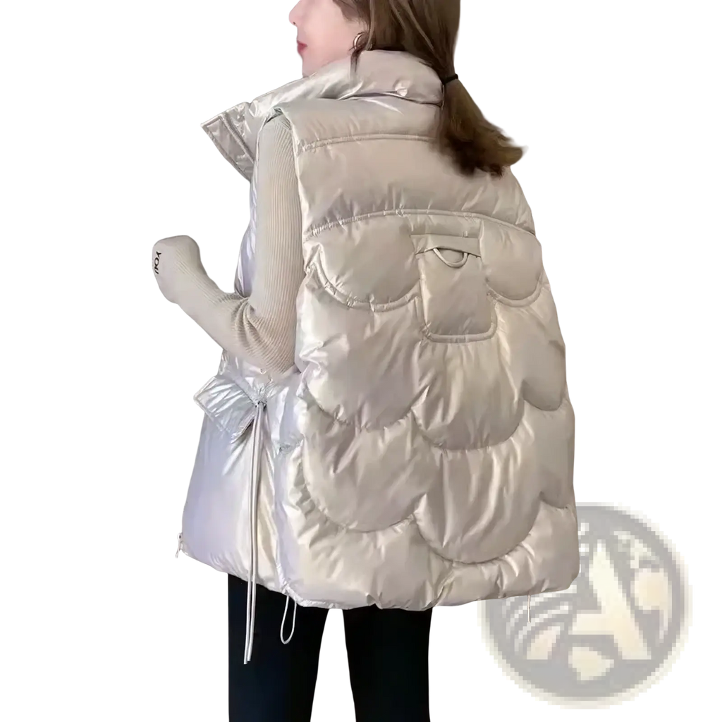 A shiny silver women winter hooded puffer vest with scalloped quilted design and a drawstring waist