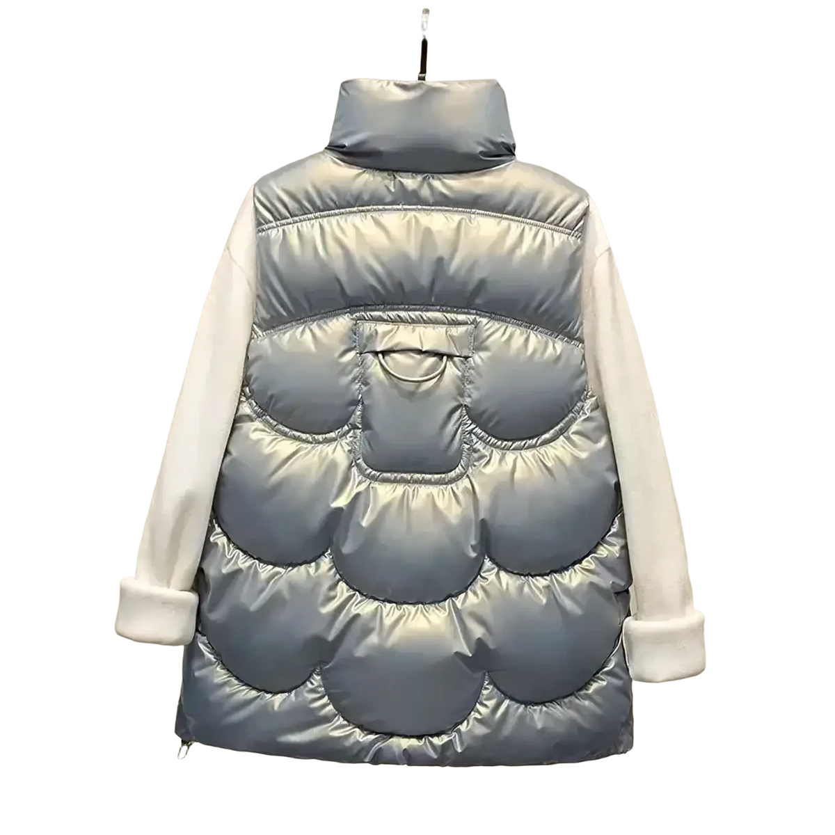 Silver metallic women winter hooded puffer jacket with high collar and white fleece-lined sleeves