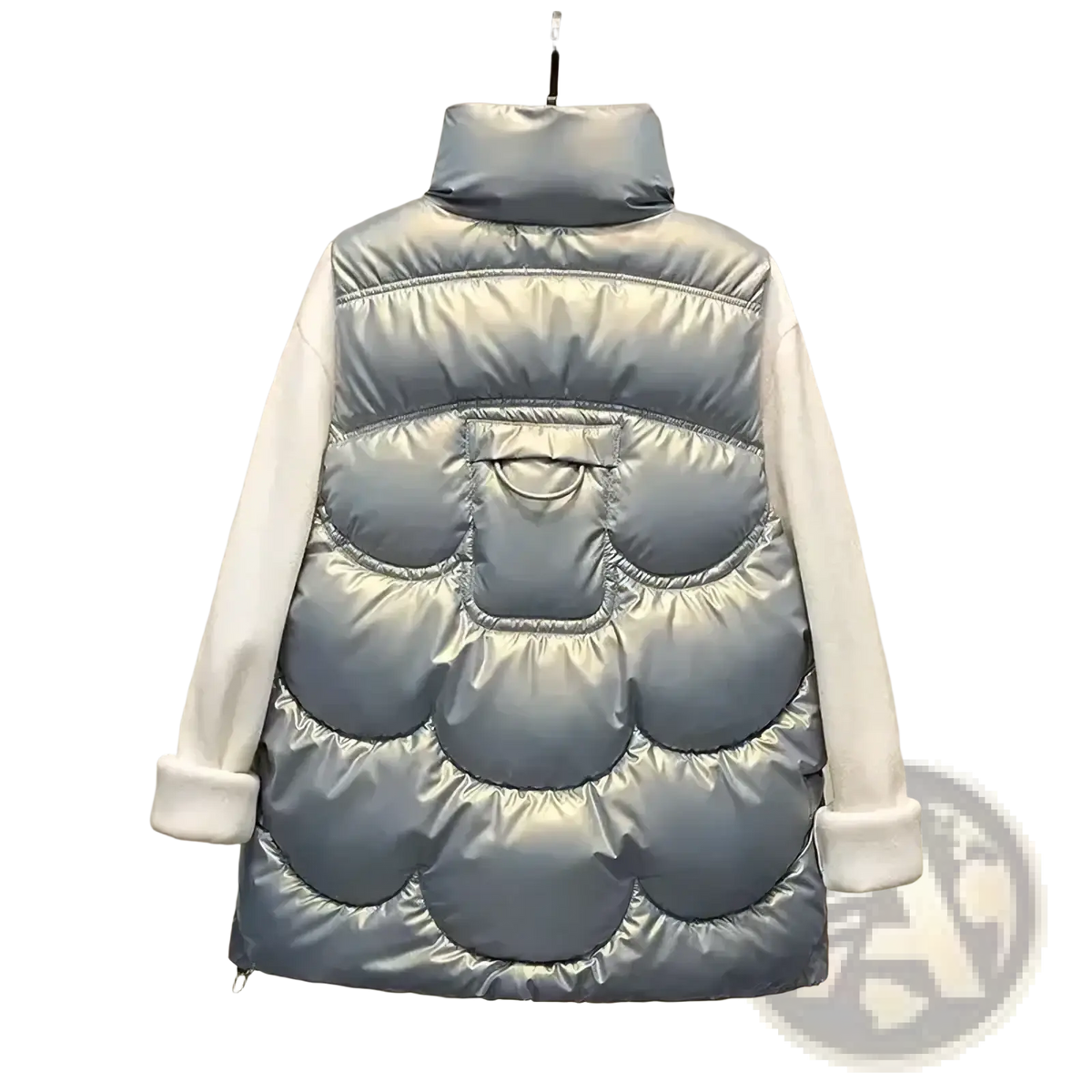 Silver metallic women winter hooded puffer jacket with high collar and white fleece-lined sleeves
