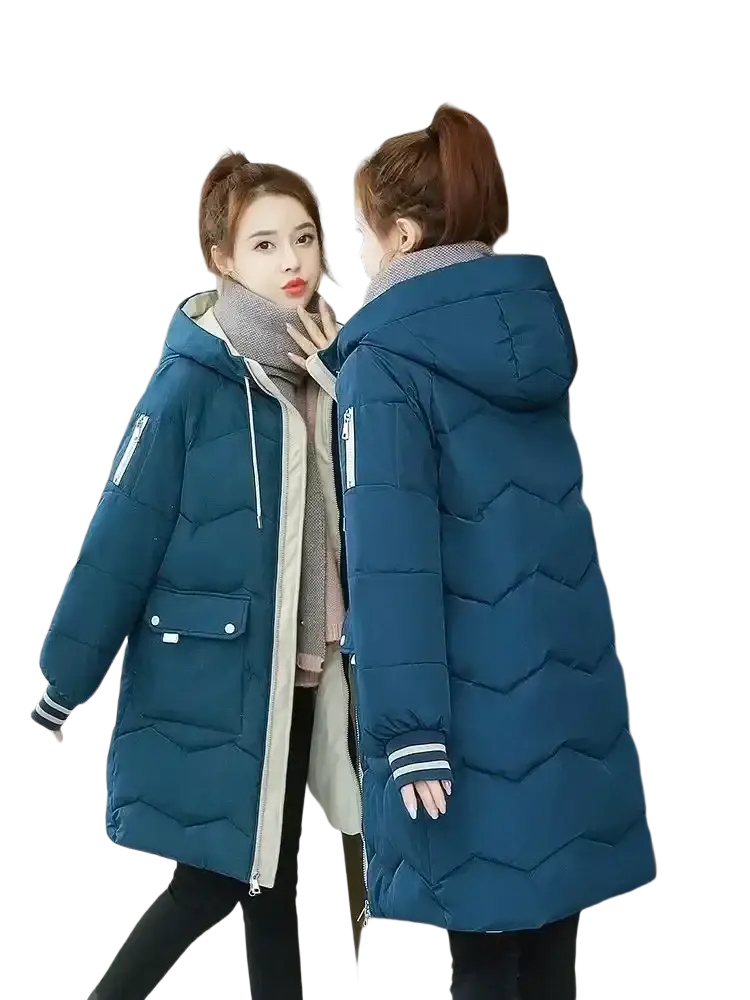 Women winter hooded puffer jacket in teal quilted fabric with white zipper accents and striped cuffs for cold weather