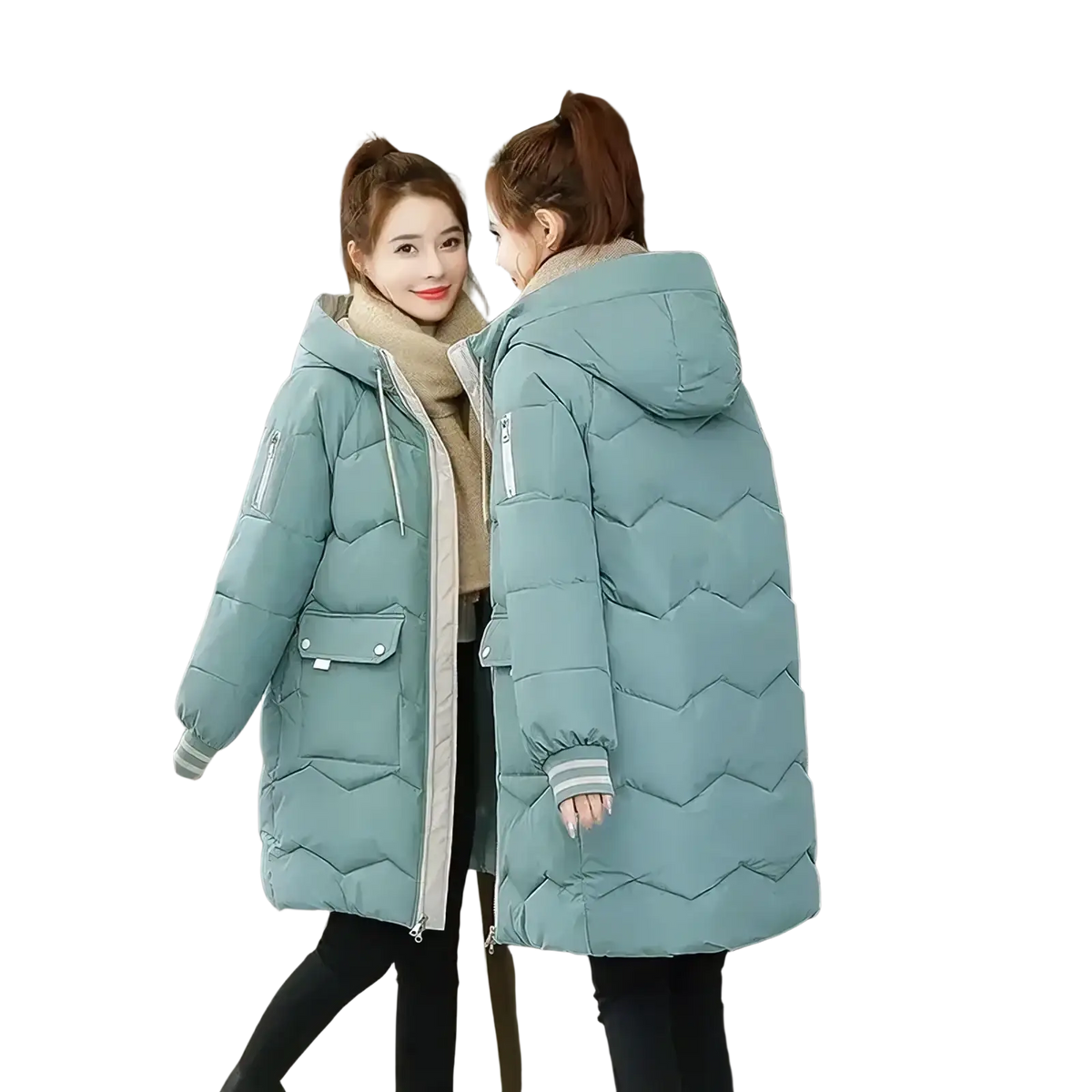 Women winter hooded puffer jacket in teal quilted fabric with front zipper and white trim on cuffs