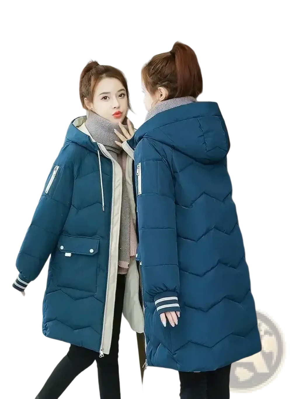 Women winter hooded puffer jacket in teal quilted fabric with white zipper accents and striped cuffs for cold weather