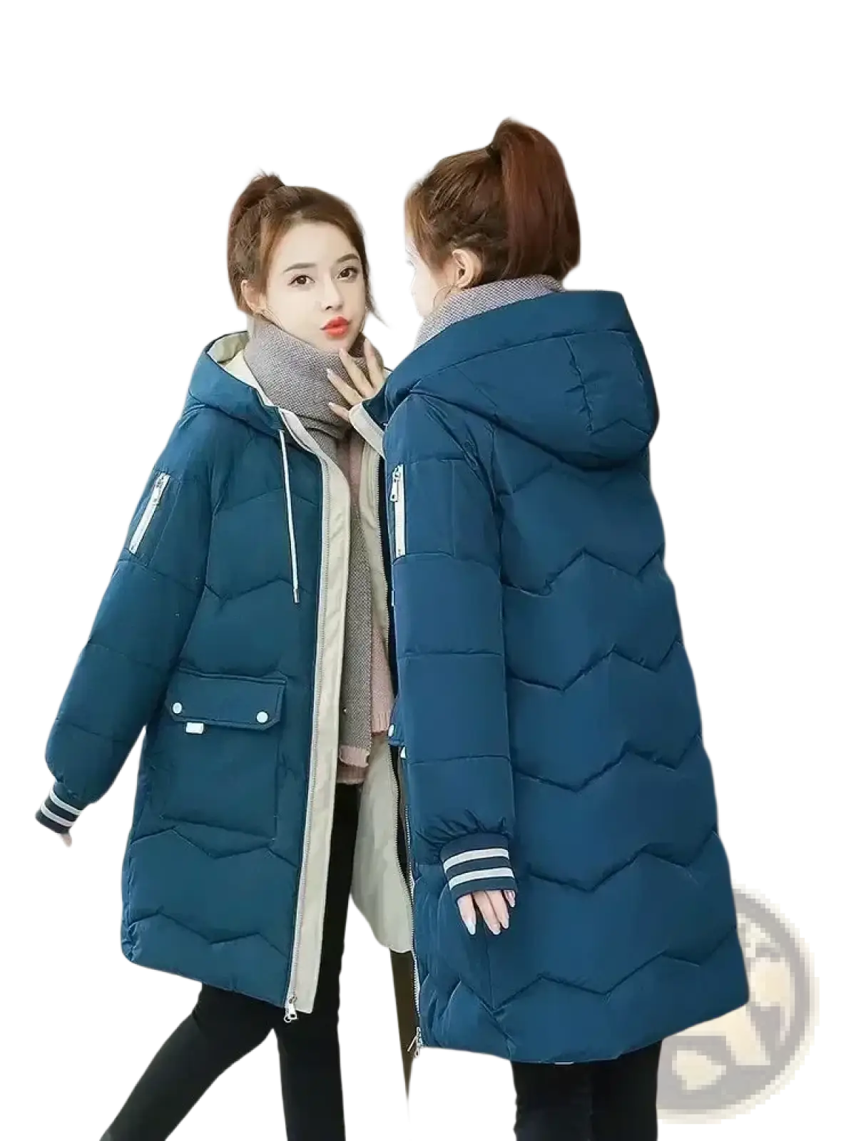 Women winter hooded puffer jacket in teal quilted fabric with white zipper accents and striped cuffs for cold weather