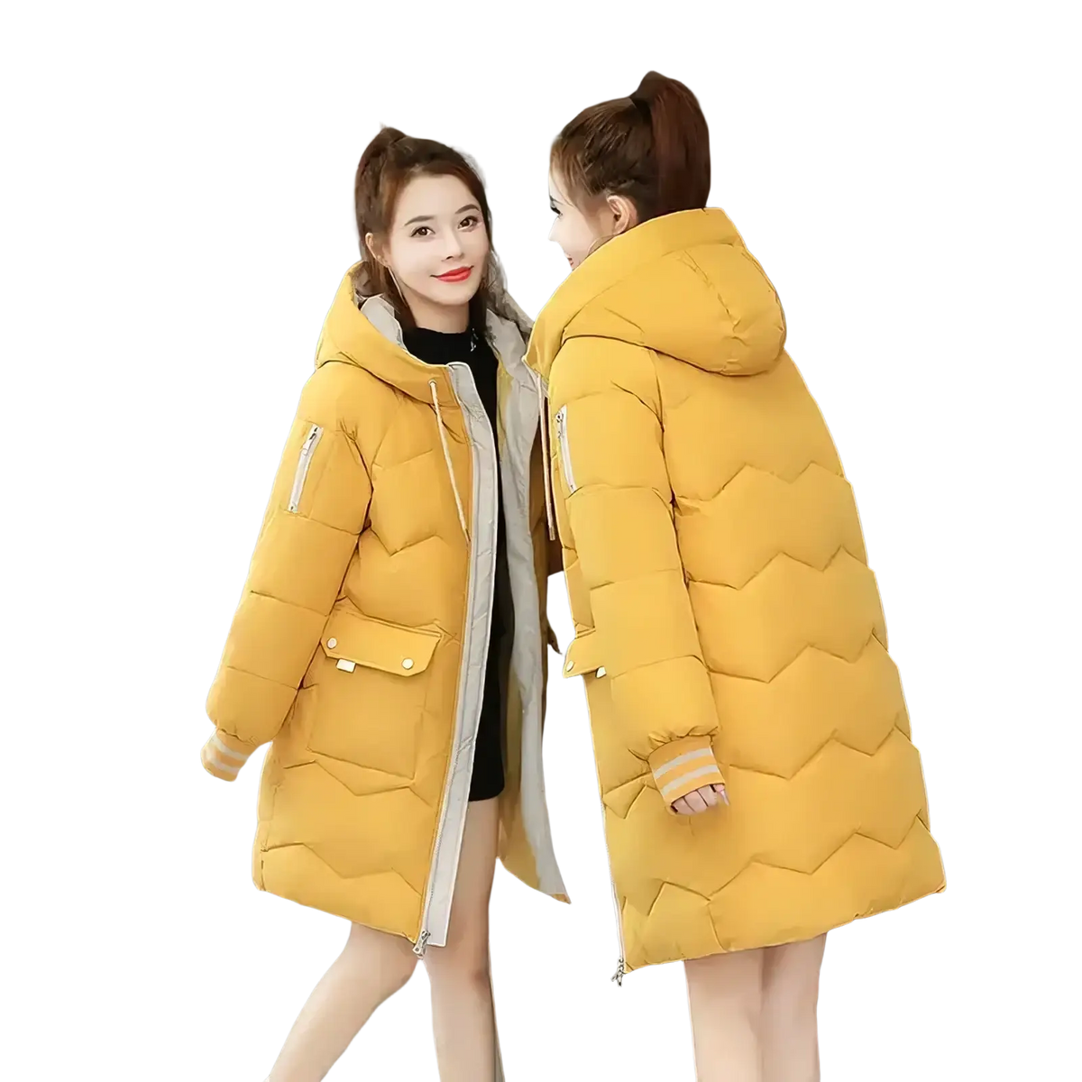 Yellow quilted puffer coat with hood and front pockets designed for women winter wear