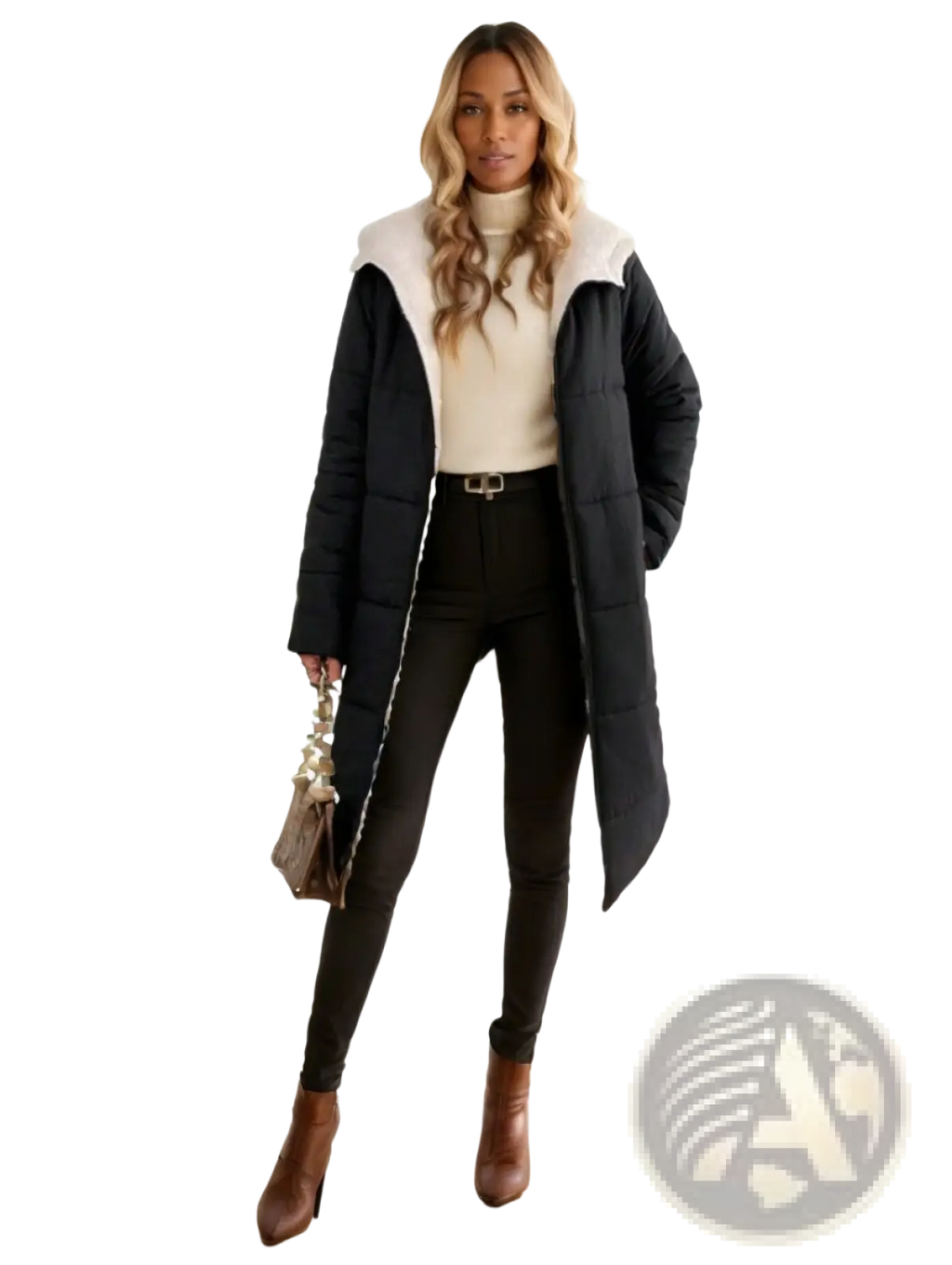 Women winter hooded quilted coat in black puffer design with white shearling-lined hood for cold weather use