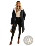 Women winter hooded quilted coat in black puffer design with white shearling-lined hood for cold weather use
