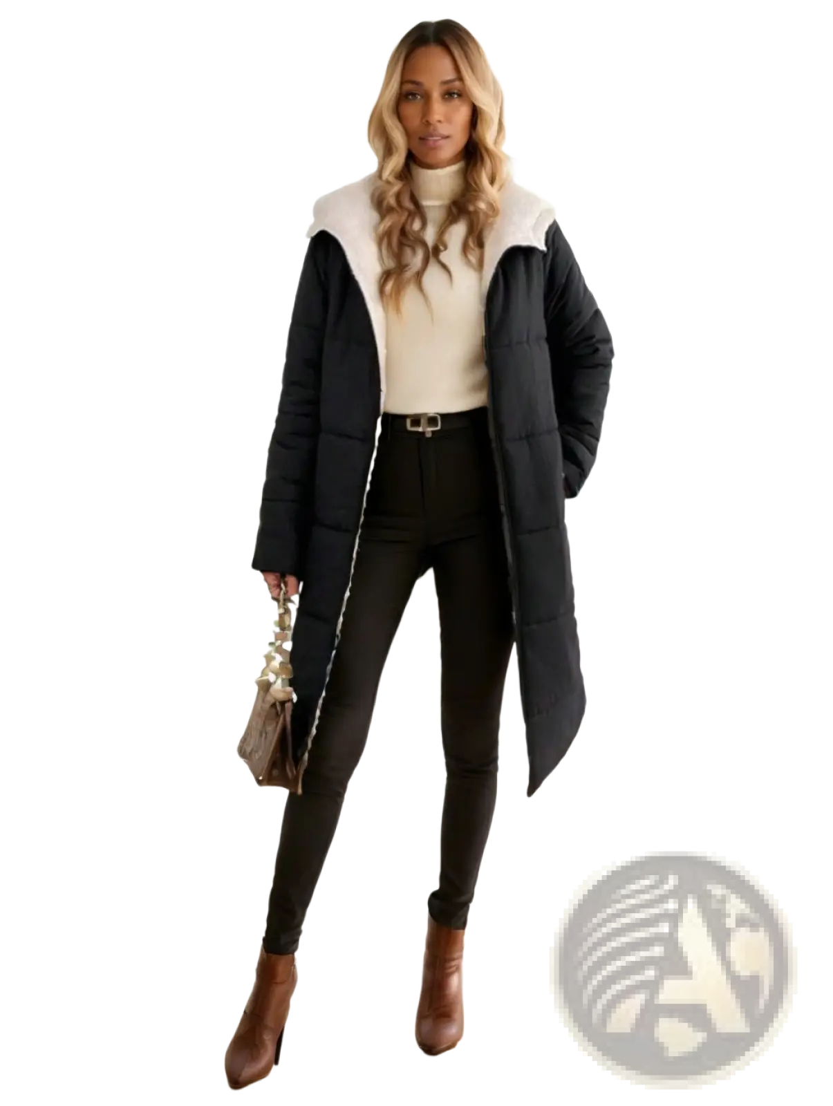 Women winter hooded quilted coat in black puffer design with white shearling-lined hood for cold weather use