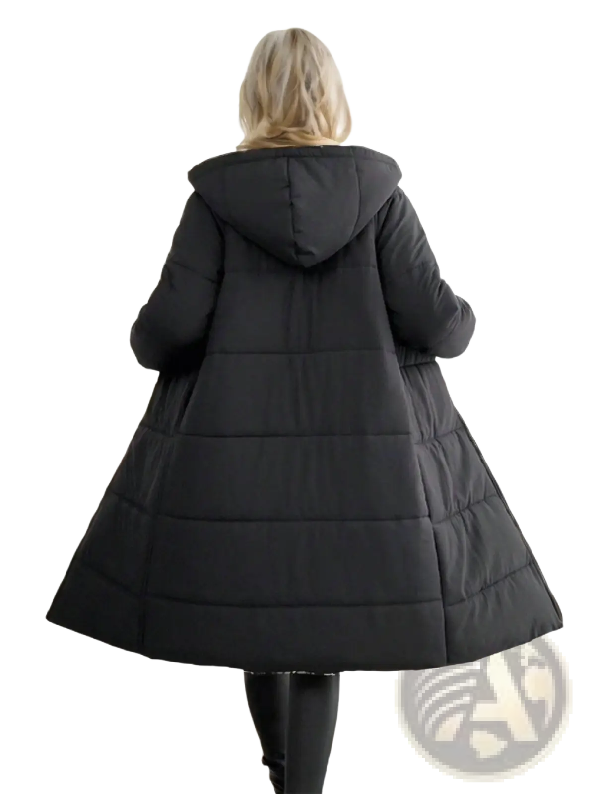 Black quilted hooded winter coat for women with flared silhouette designed for cold weather use
