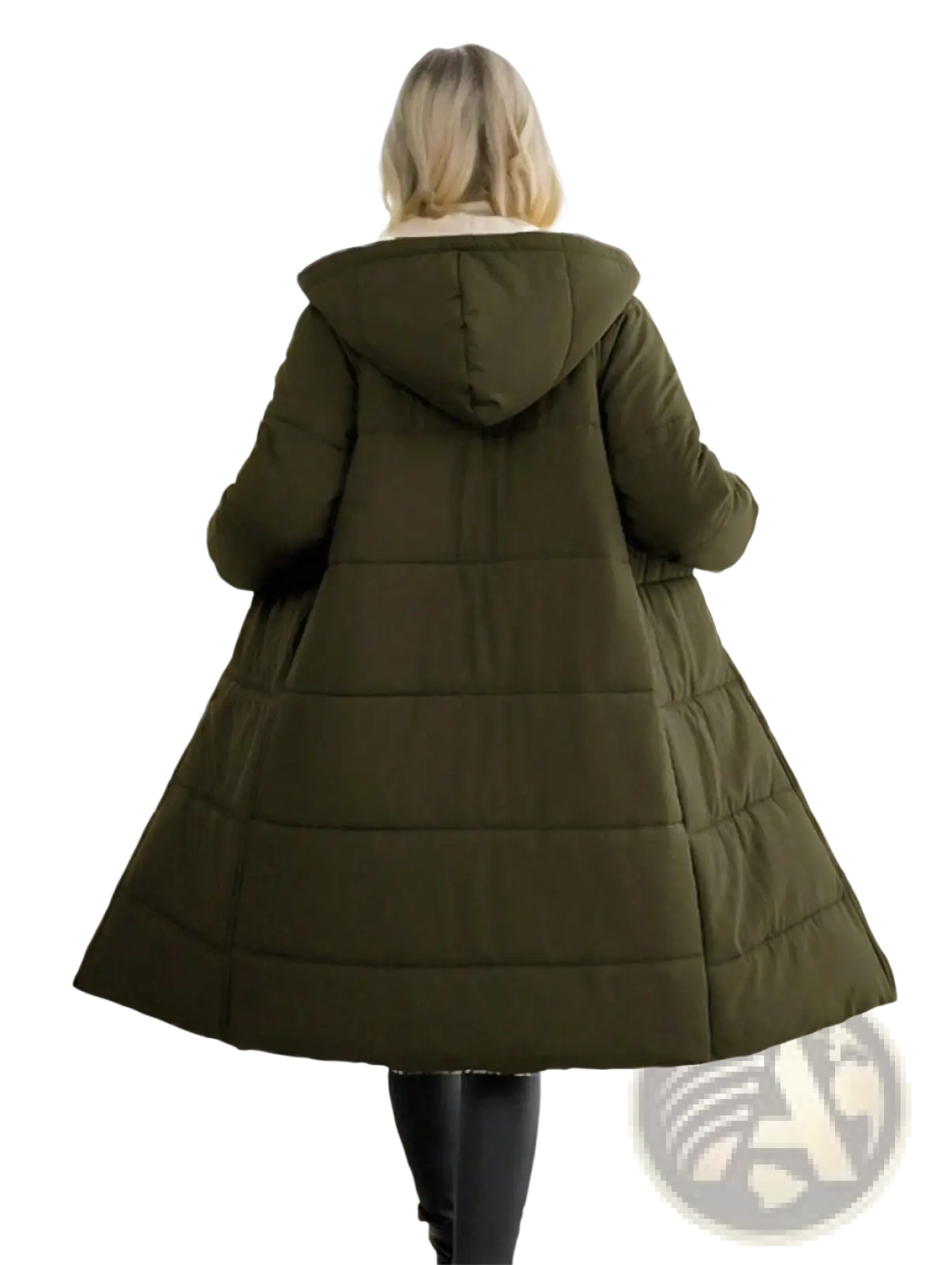 Women winter hooded quilted coat in olive green with plush white-lined collar for cold weather use