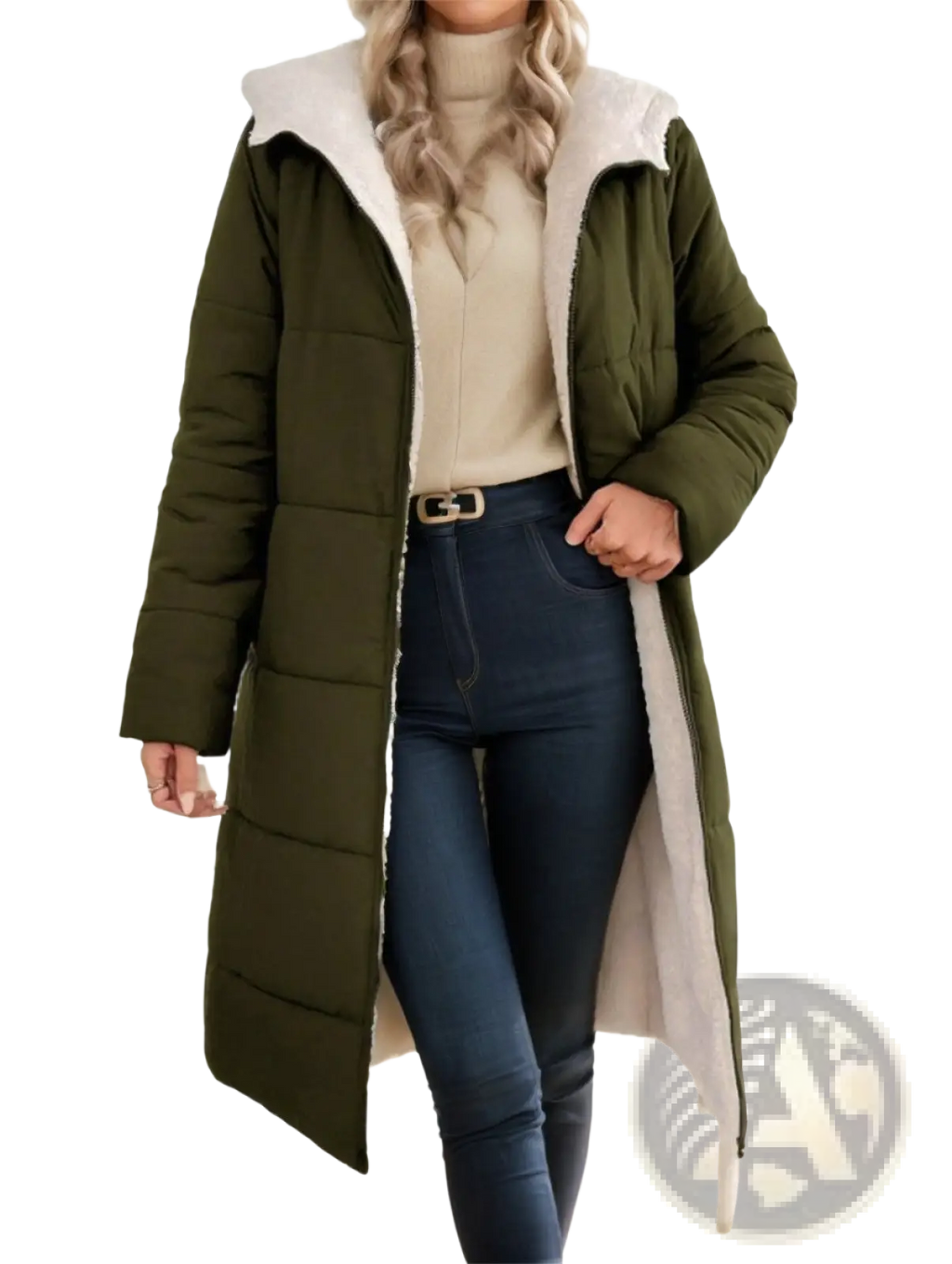 Olive green women’s winter hooded quilted coat with plush white shearling-lined hood and interior for warmth
