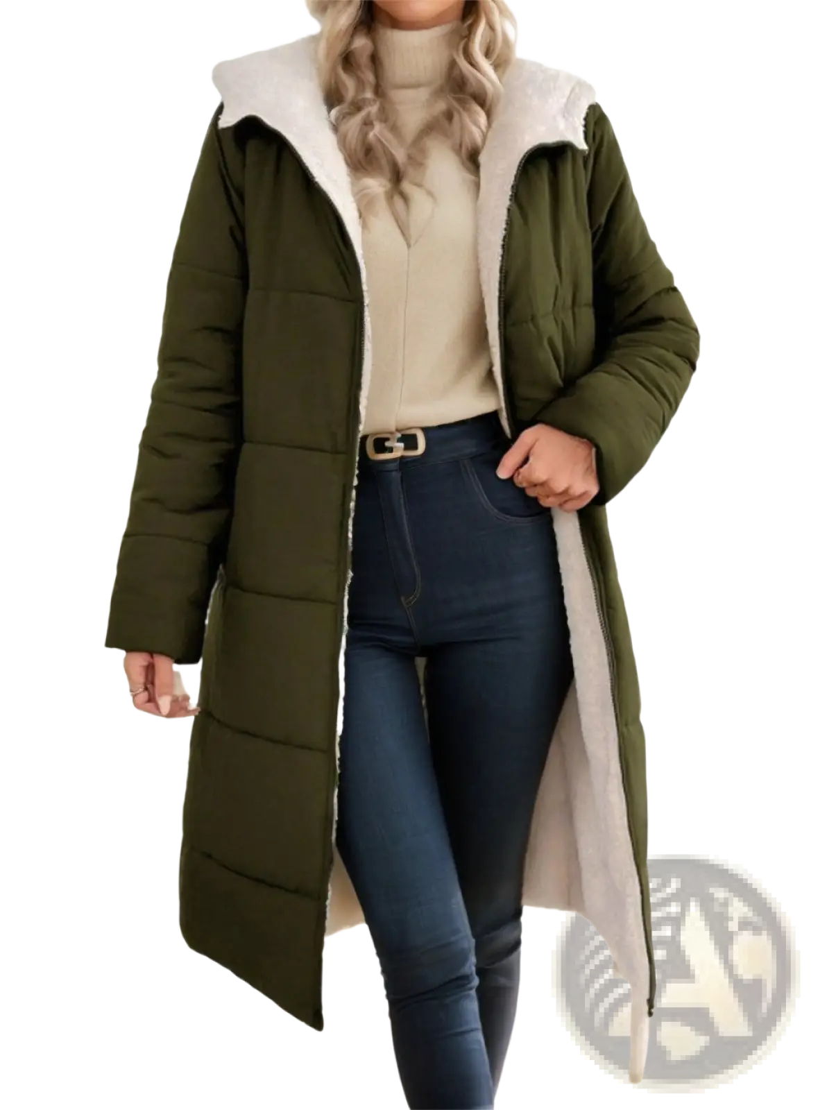 Olive green women’s winter hooded quilted coat with plush white shearling-lined hood and interior for warmth
