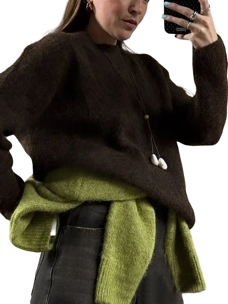 A cozy fuzzy brown knit pullover sweater for women with ribbed neckline and cuffs ideal for winter wear