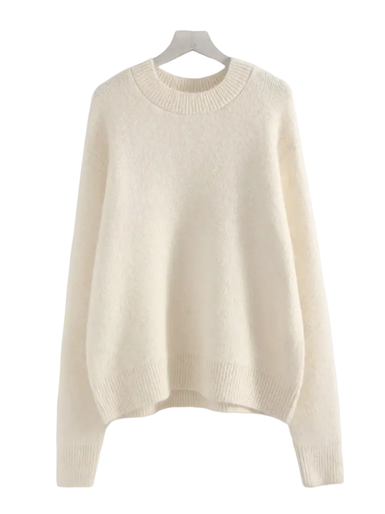 Cream-colored women winter knit pullover sweater with soft knit fabric, relaxed fit, and ribbed cuffs