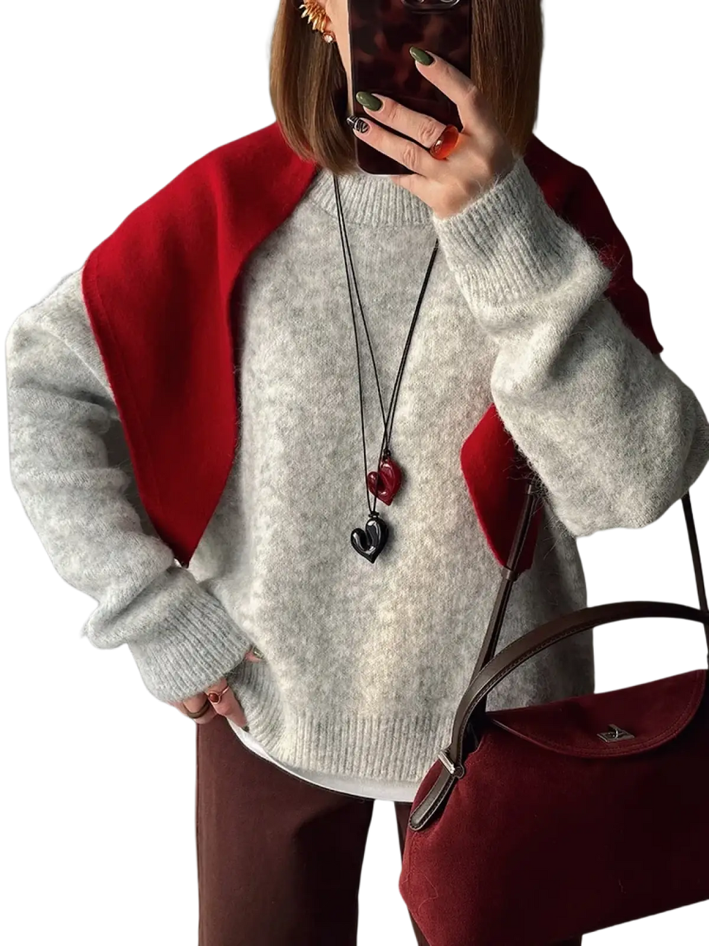 Women winter knit pullover sweater in light gray knit with bold red shoulder panels and ribbed cuffs