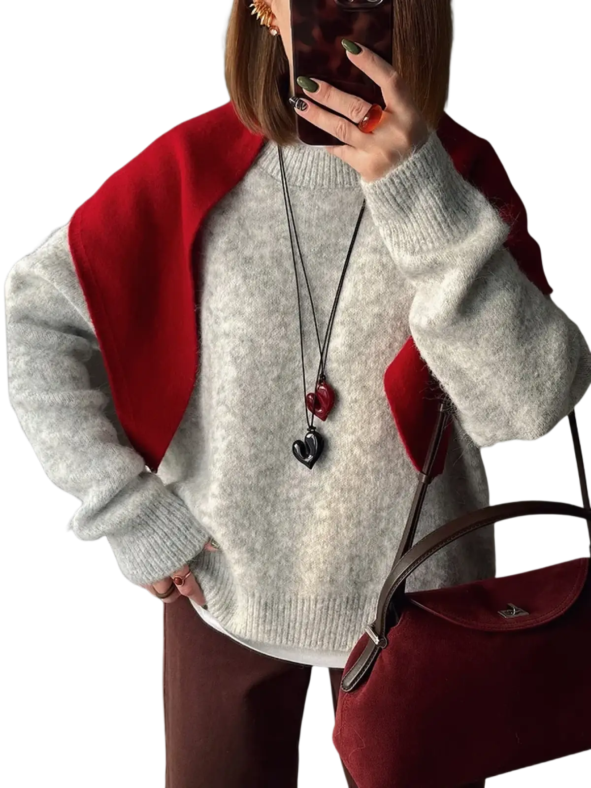 Women winter knit pullover sweater in light gray knit with bold red shoulder panels and ribbed cuffs