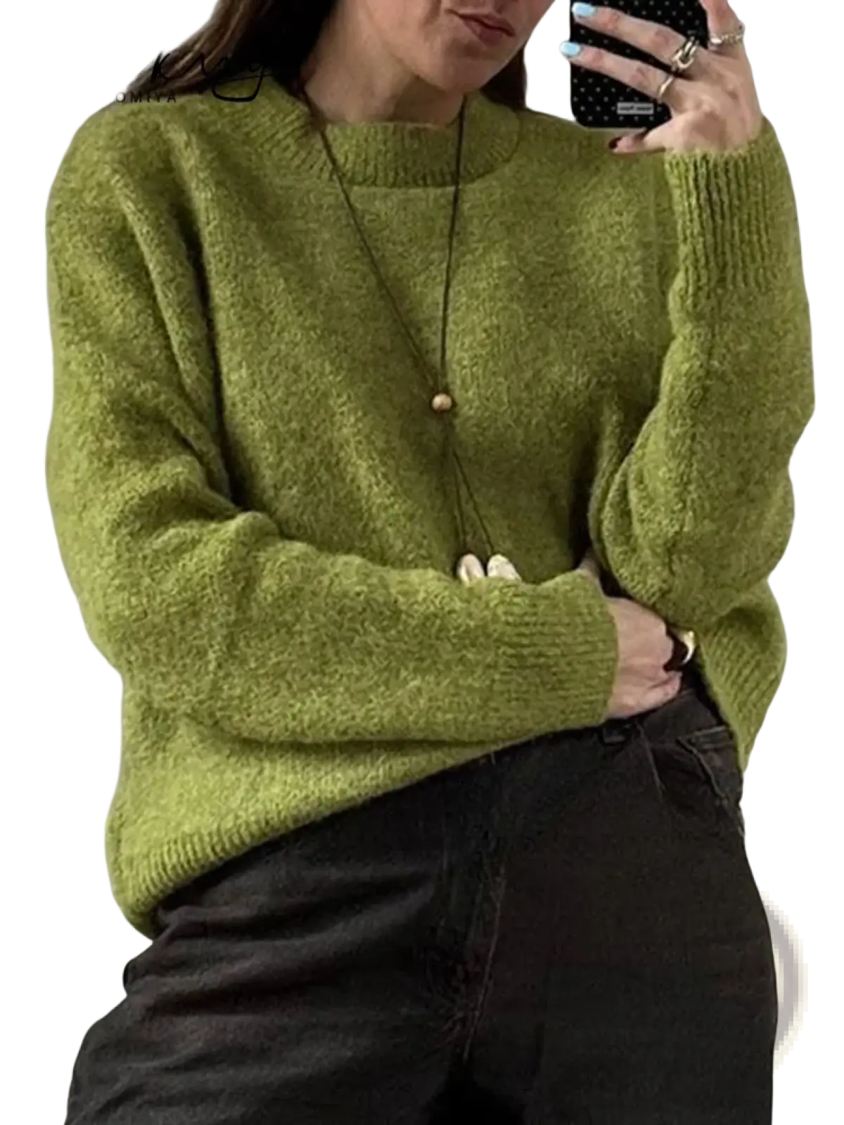 A soft moss green fuzzy knit pullover sweater with round neckline and ribbed cuffs for women winter wear